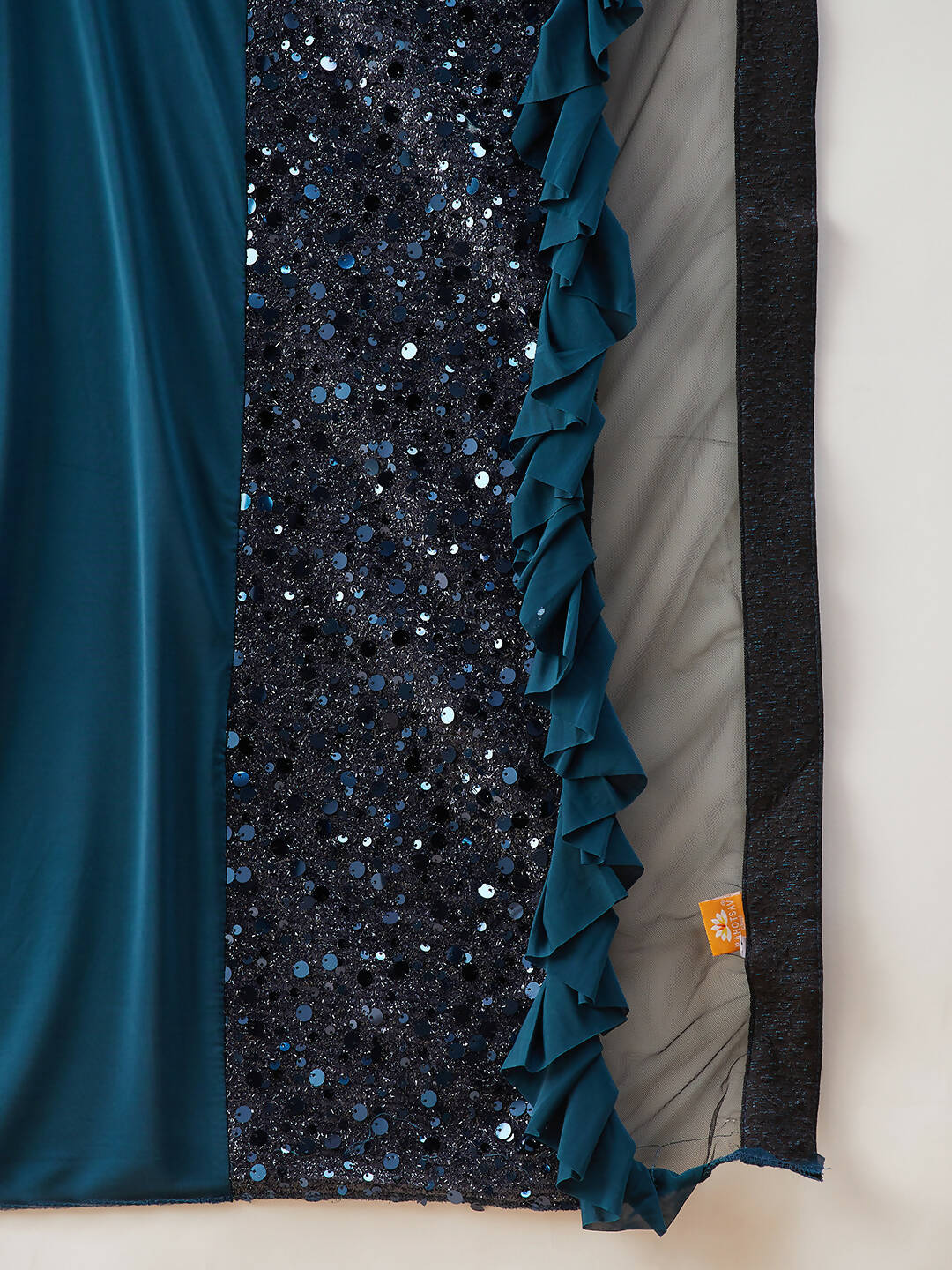 Peacock Blue Lycra Sequins Fabric. Frill Details, Handwork Buttis Saree - Norita Hit Design