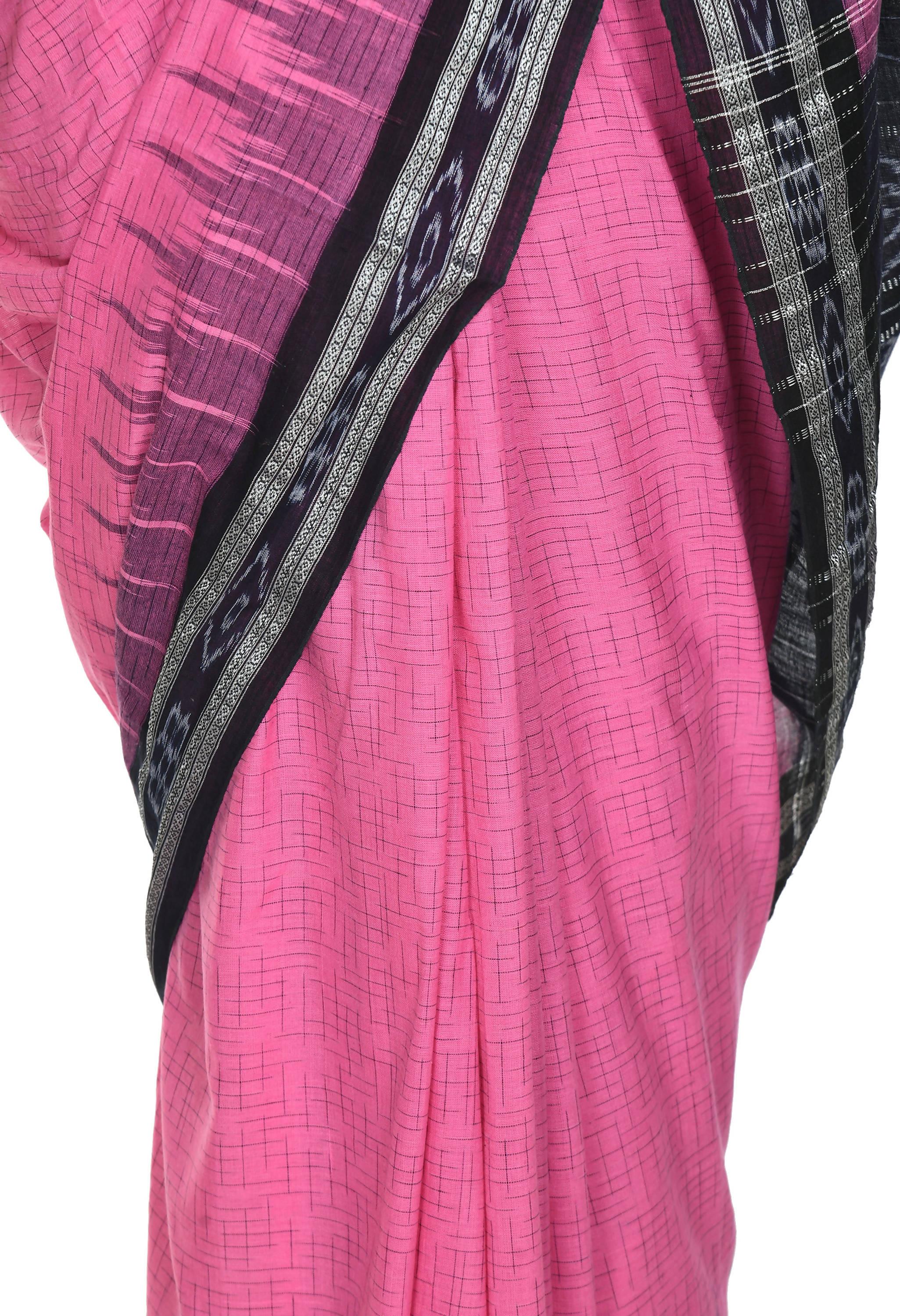 Vamika Sambalpuri Ikat Cotton Jharana Pink & Black Saree