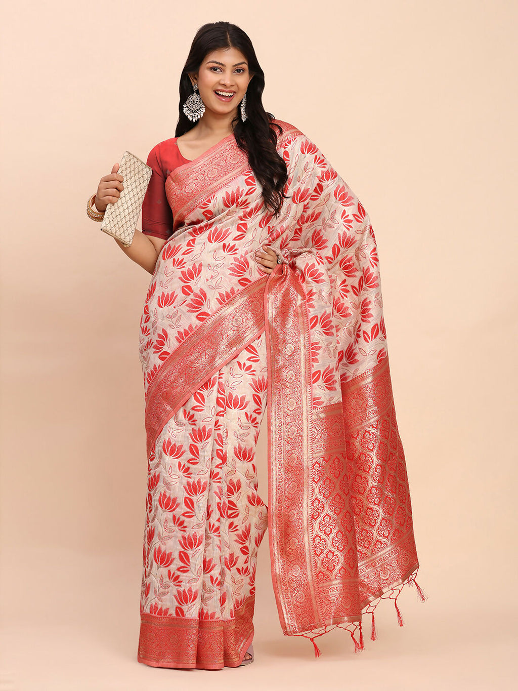 Shree Shyam Fashion Linen Cotton Red Saree