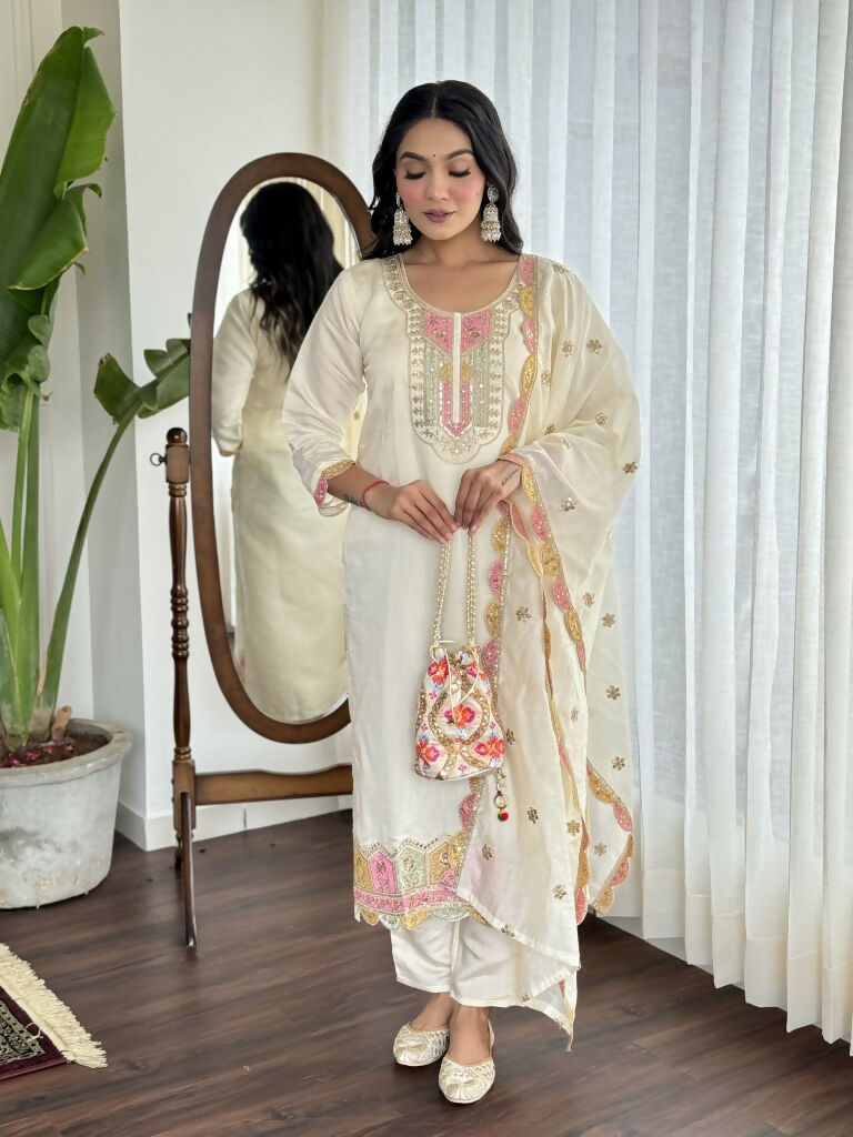 Cream Viscose chanderi Stitched Suit With Dupatta - Tanisha