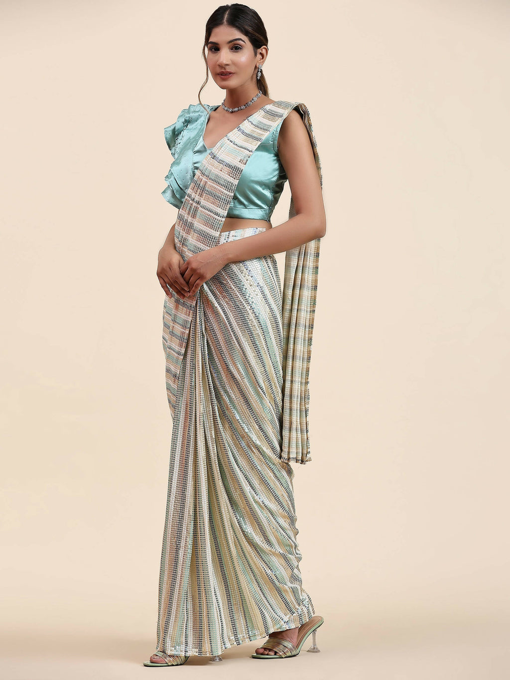Sky Blue Pure Georgette Sequence work Ready to wear Saree with stitched Blouse - Satiksha