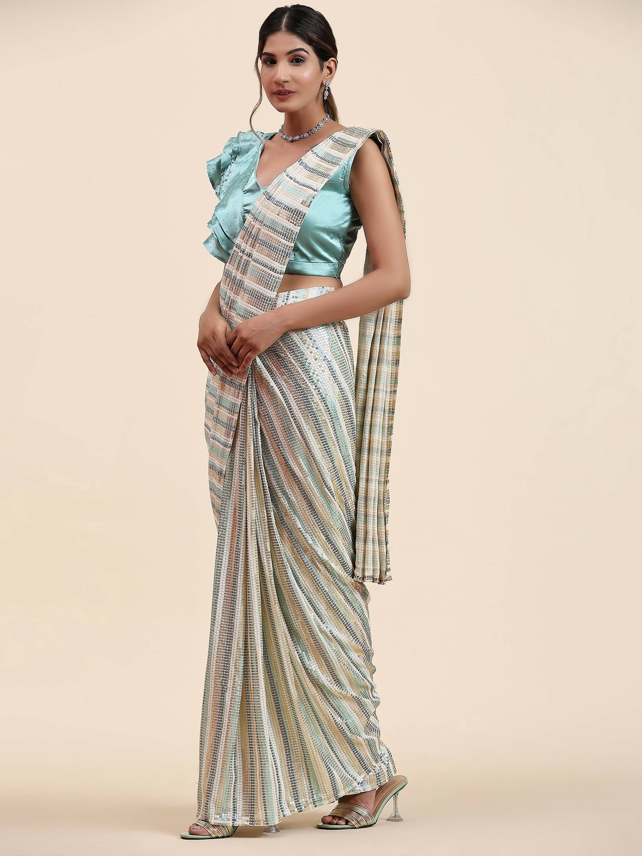 Sky Blue Pure Georgette Sequence work Ready to wear Saree with stitched Blouse - Satiksha
