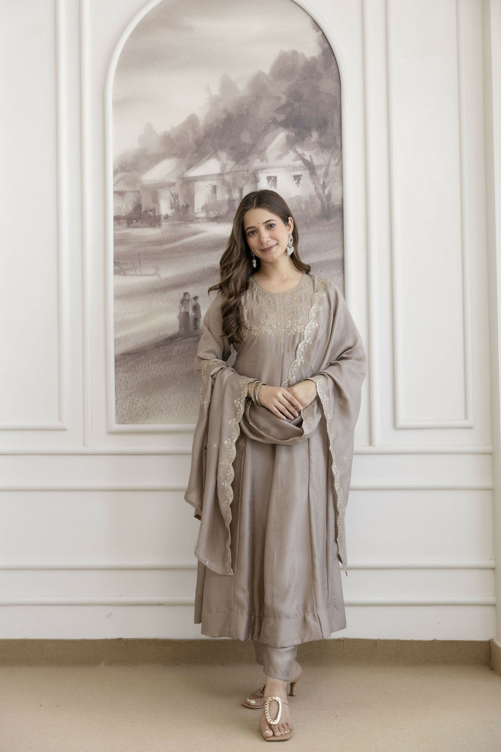 The52 Chiku Women's Beautiful Vichitra Silk Fabric Embroidered Work Flared Anarkali Pant and Dupatta Set