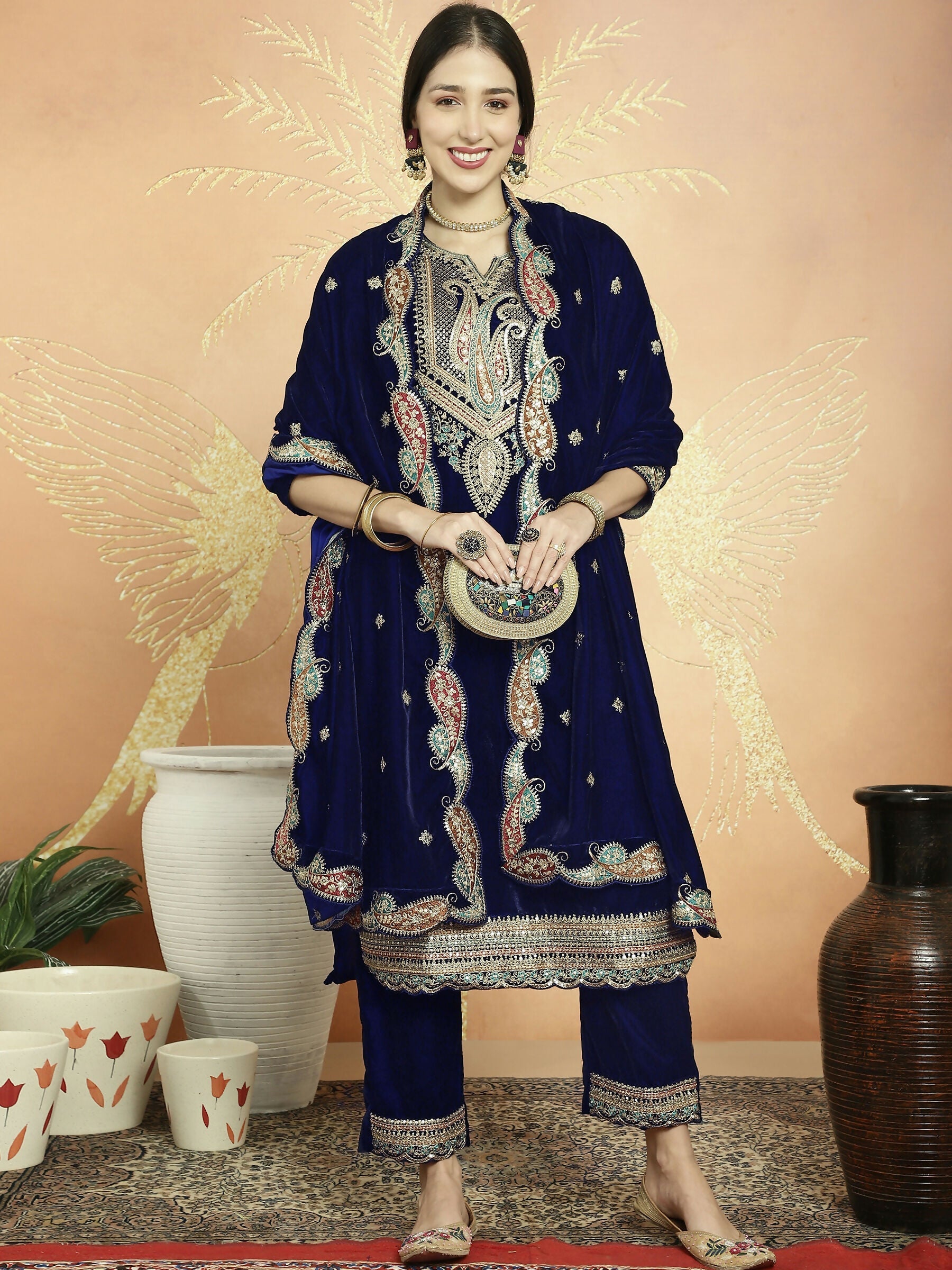 Jyoti Fashion Women's Navy Blue Velvet Cording with Resham Thread & Sequin Kurta with Trouser & Dupatta
