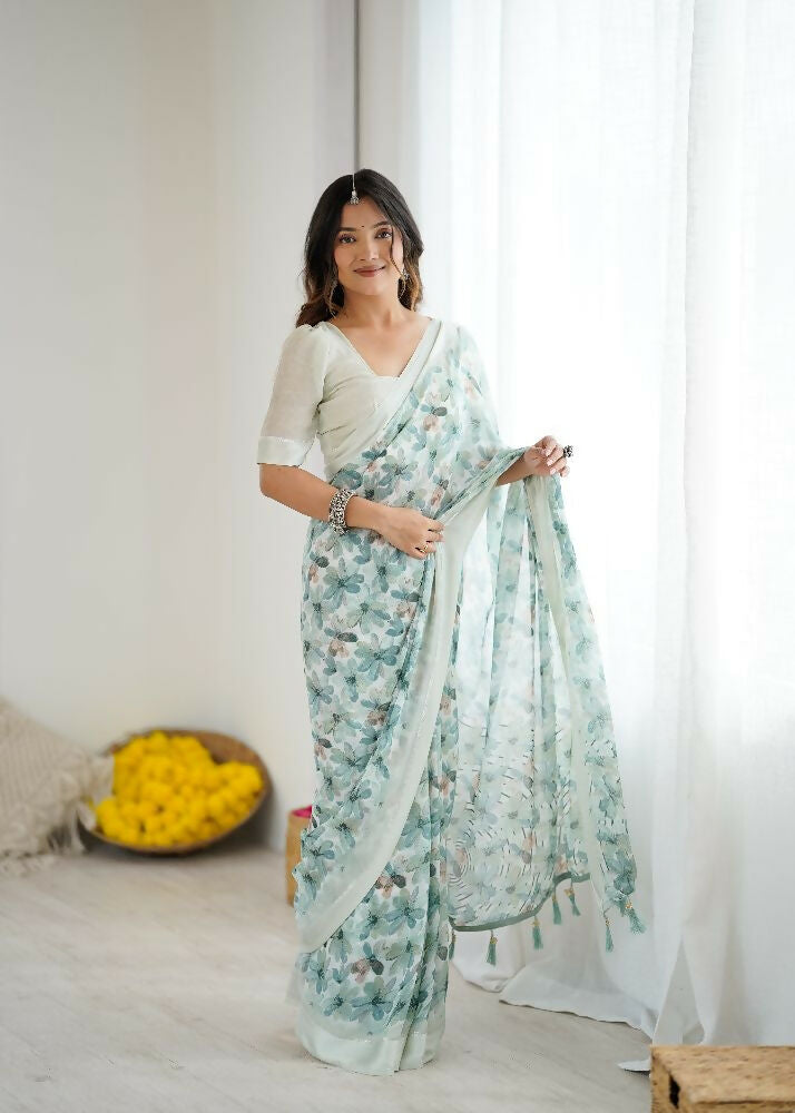 PR Fashion See_Green Bright Moss Satin Patta Printed Saree