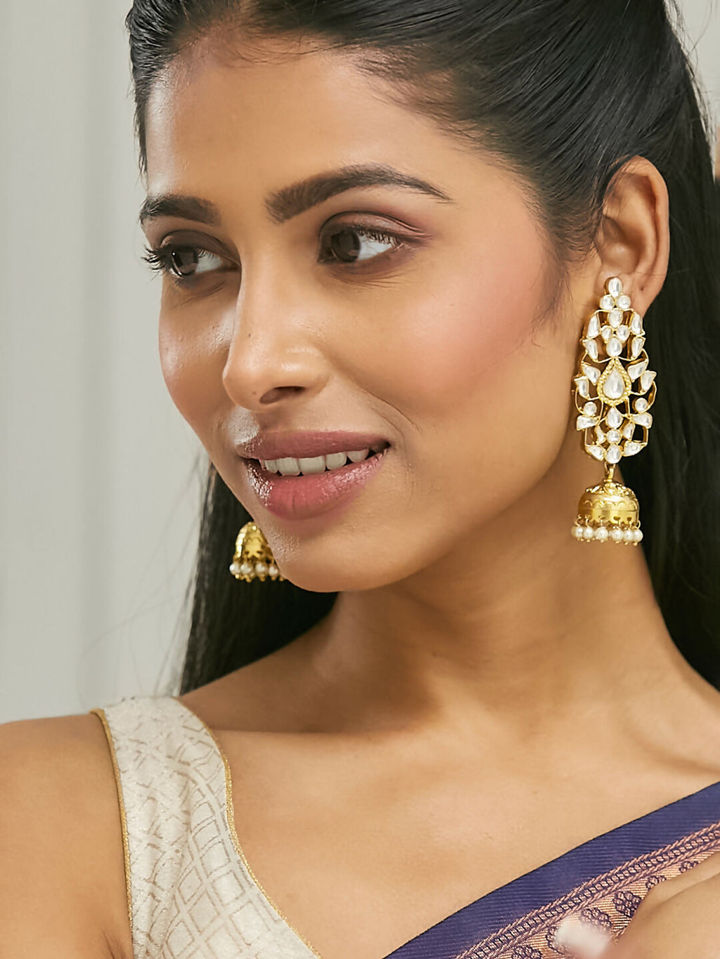 Nuyug 22K Gold-Plated Regal Kundan Stone Studded & Pearl Drop Jhumkas