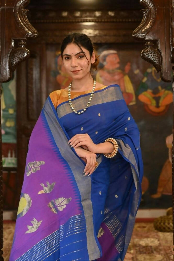 Very Much Indian Handloom Pure Cotton Paithani Swan Pallu-Marine Blue
