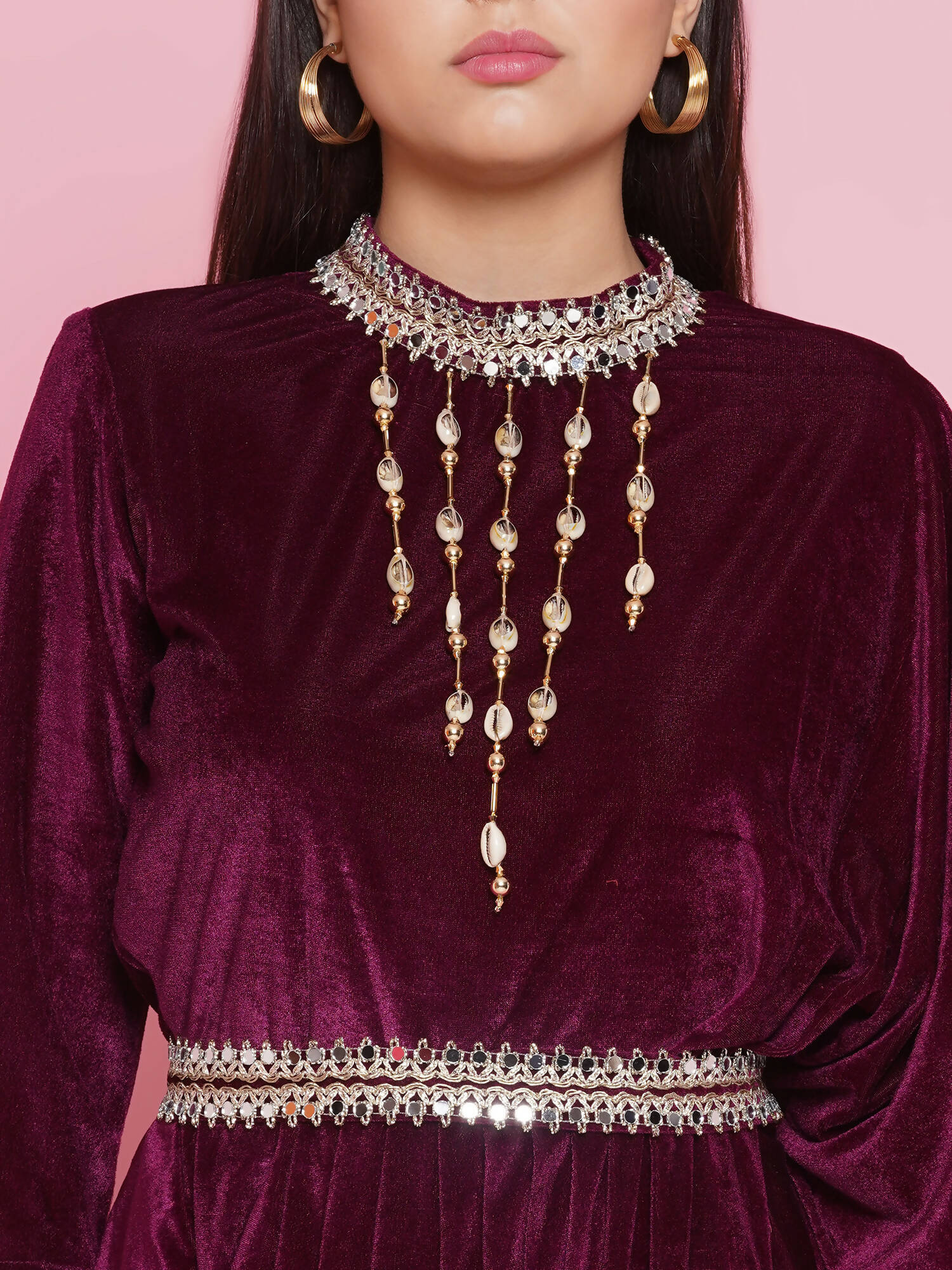 Women Republic Burgundy Velvet Kurta With Attached Neckalace,Belt And Pant