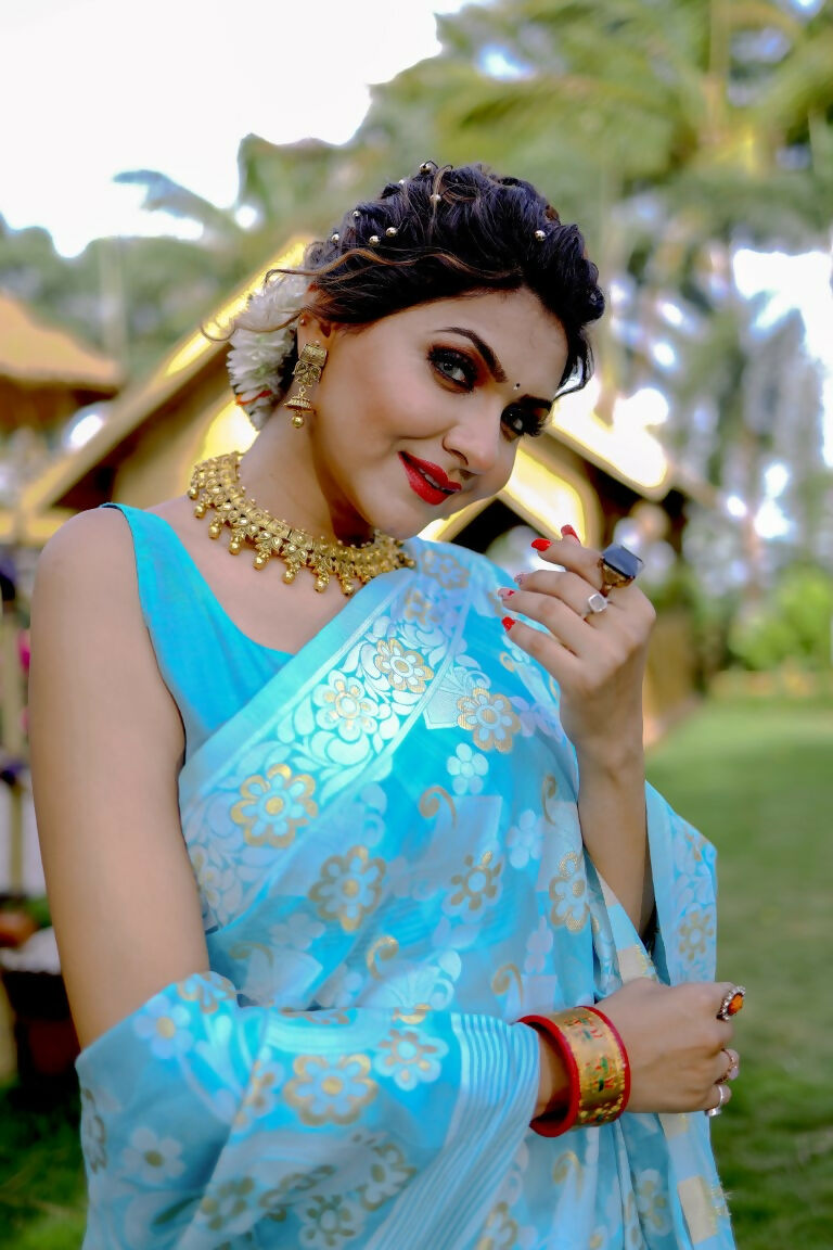 Partywear Designer Sky Blue Jamdani contton Fancy Saree - Starwalk