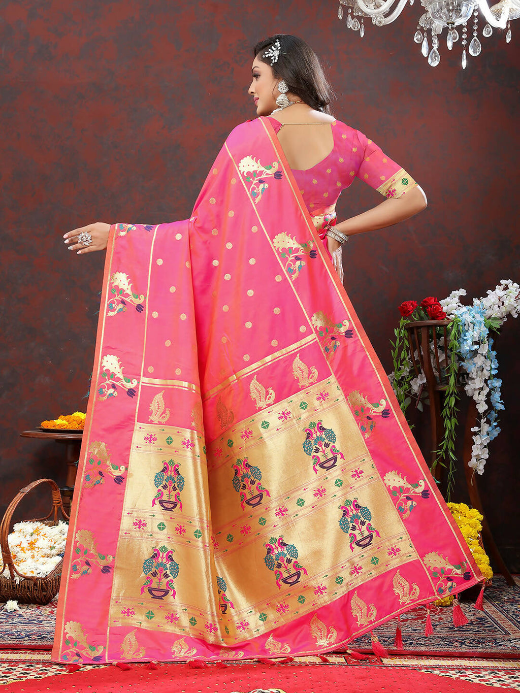 Lorenvalley Fashion Pink Soft Paithani Silk Woven Design Gold Zari Meenakari Weaving Saree