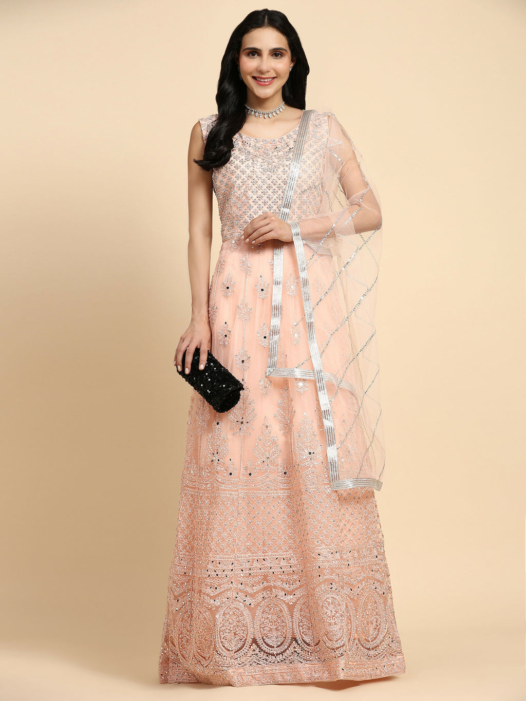 Peach Net Hand Embroidered Gown - Rudrani