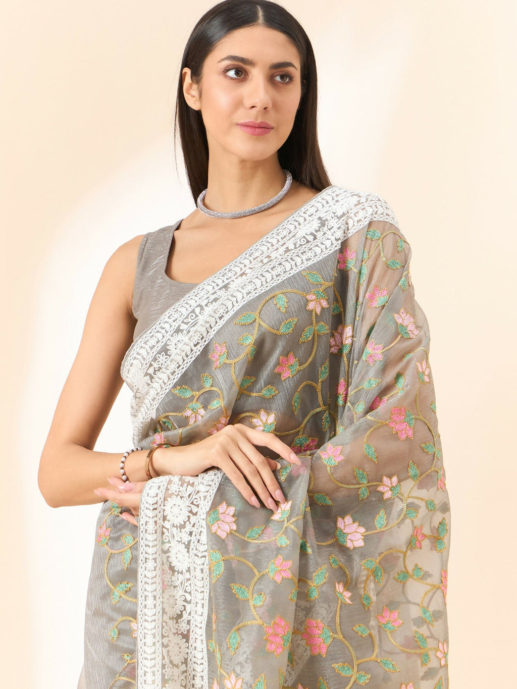 Grey Organza Floral Embroidered Saree with Unstitched Blouse Piece - Roozal