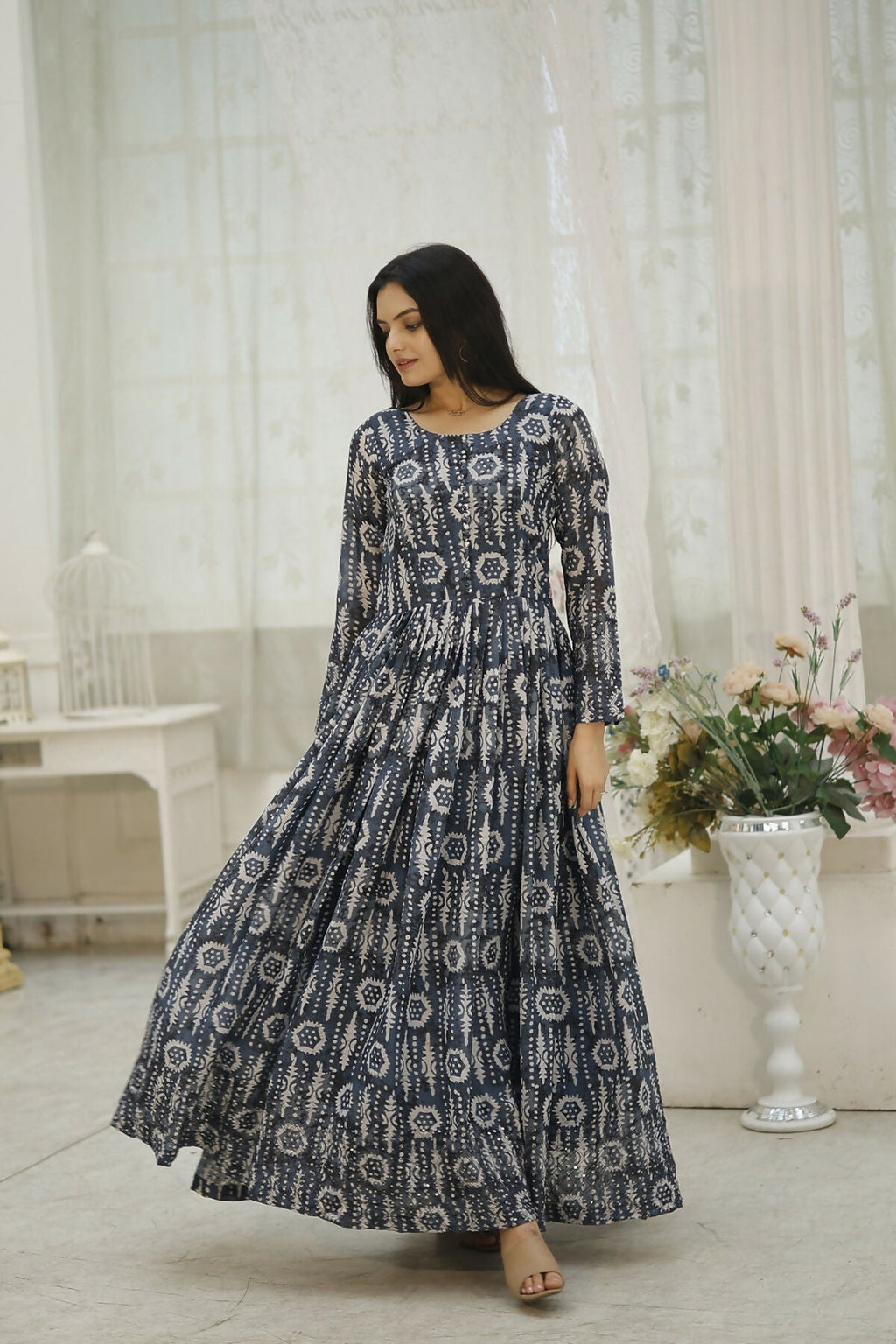 Aayaa Printed Faux Georgette with Embroidery Thread Sequins work Gown - Multi Color