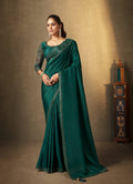Green Natural Crepe Thread Embroidered with Stone Work Saree With Unstitched Blouse Piece - Norita Royal Erisha