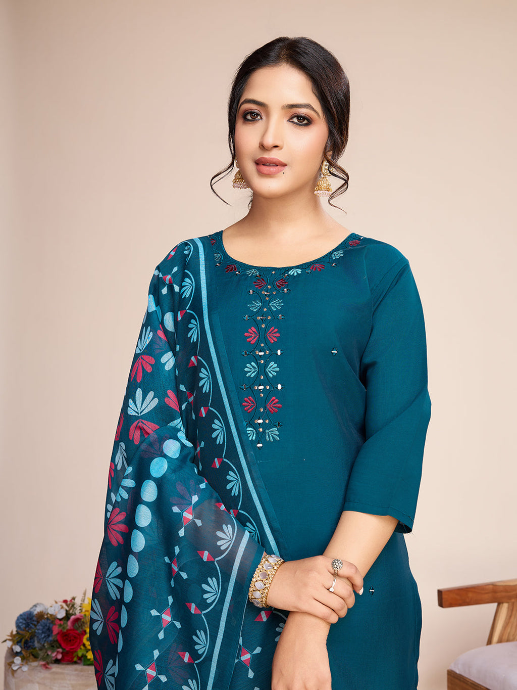 Lorenvalley Rama Chanderi Roman Silk Embroidered with Mirror Work Kurta Set