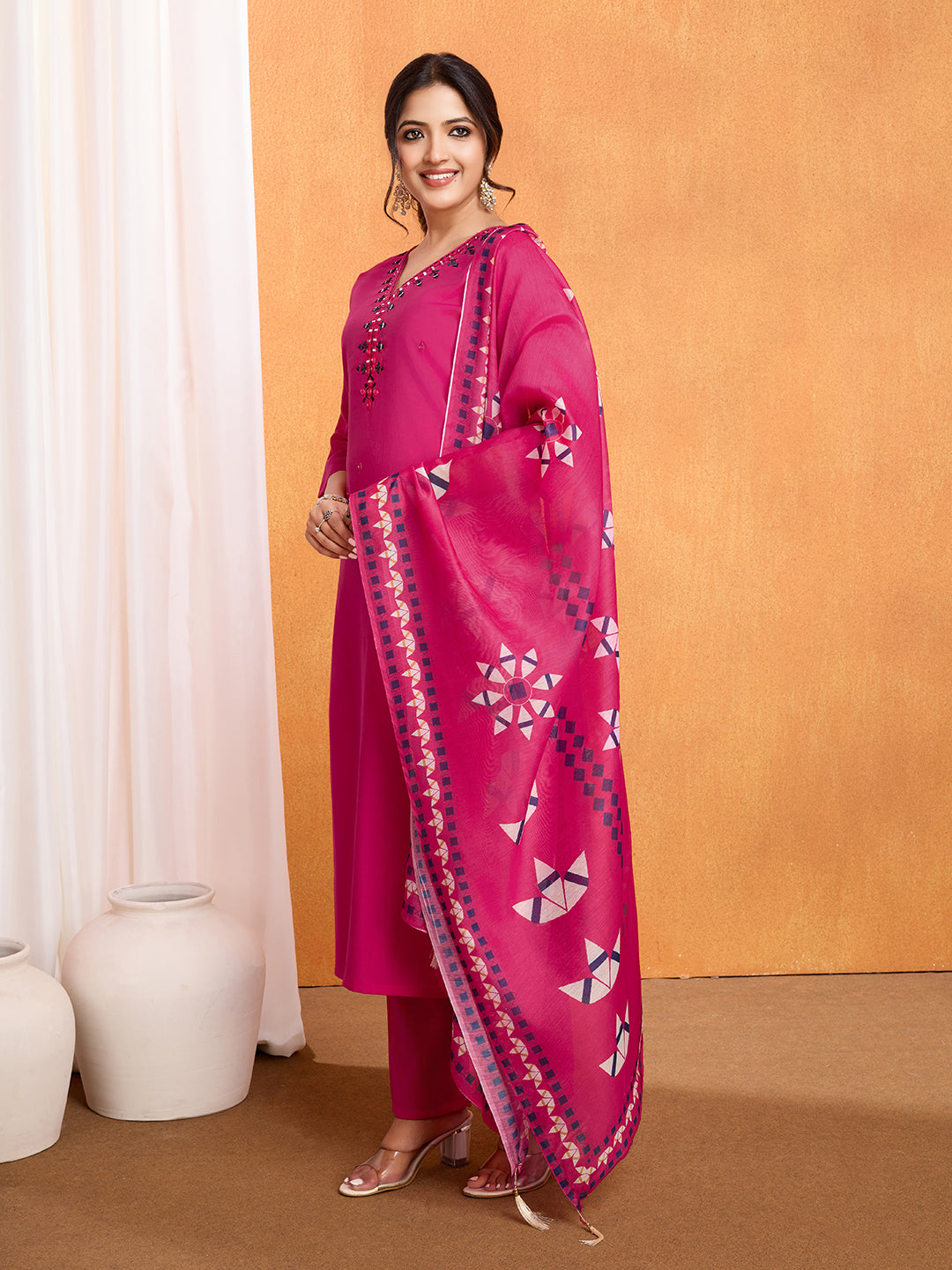 Lorenvalley Magenta Chanderi Roman Silk Embroidered with Mirror Work Kurta Set