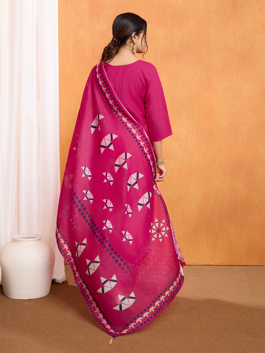 Lorenvalley Magenta Chanderi Roman Silk Embroidered with Mirror Work Kurta Set