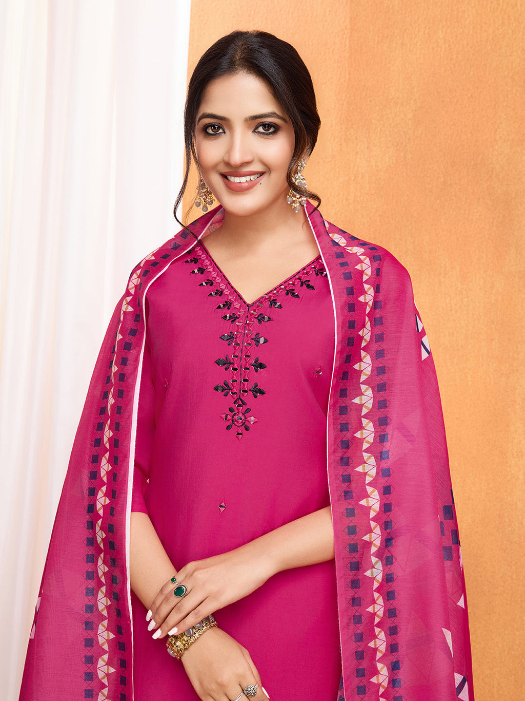 Lorenvalley Magenta Chanderi Roman Silk Embroidered with Mirror Work Kurta Set