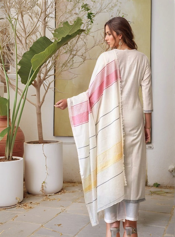 Lorenvalley Offwhite Pure Cotton Jacquard Weaving Kurta Set