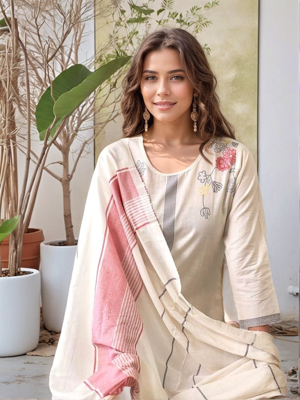 Lorenvalley Offwhite Pure Cotton Jacquard Weaving Kurta Set