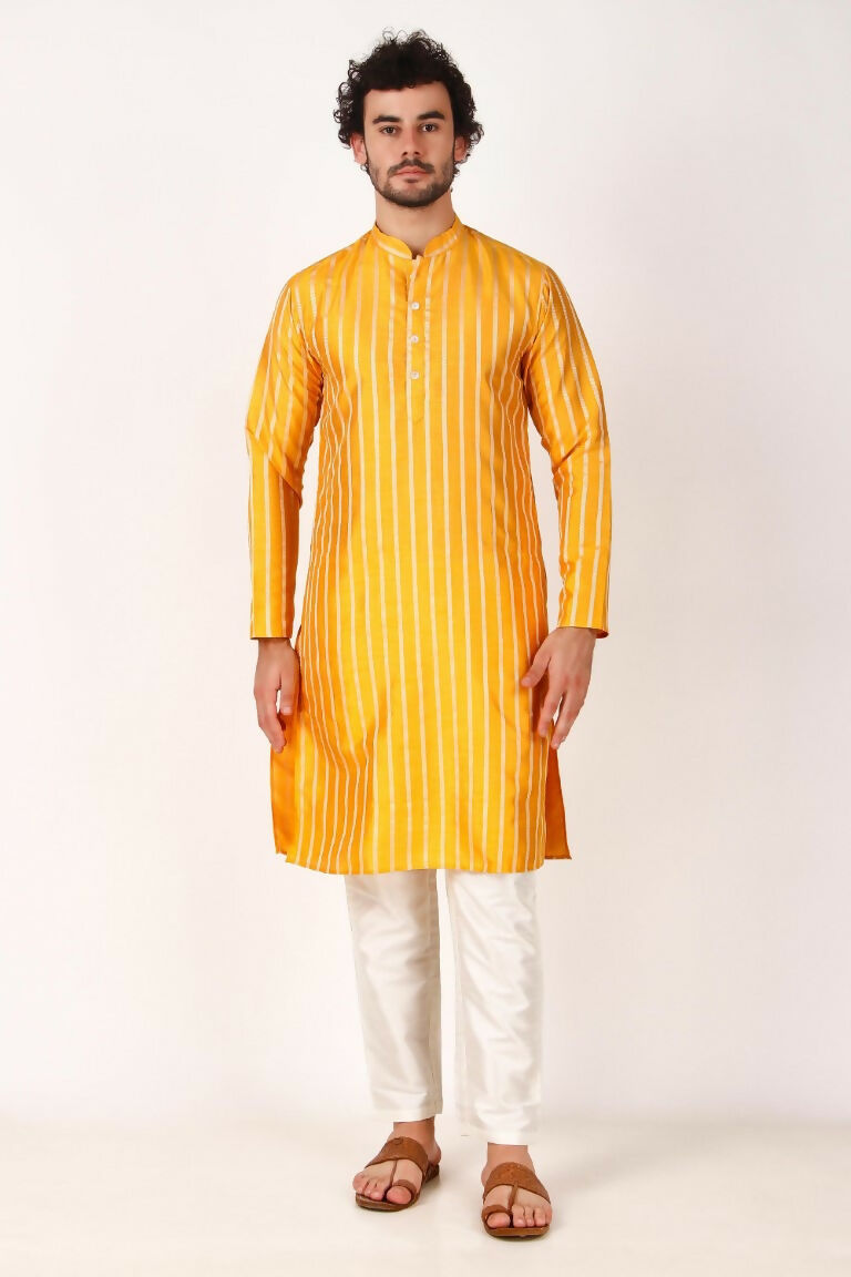Yellow Art Silk Woven Designer Men's Rajwadi Kurta Set - Mahotsav
