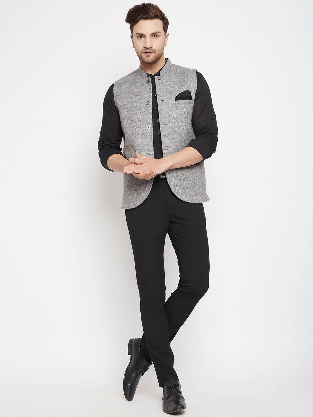 Even Apparels Grey Wool Men Woven Nehru Jacket WL730