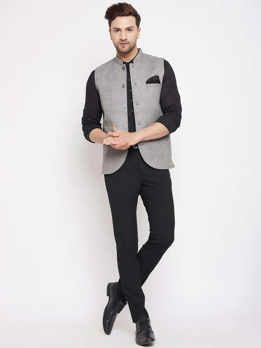 Even Apparels Grey Wool Men Woven Nehru Jacket WL730