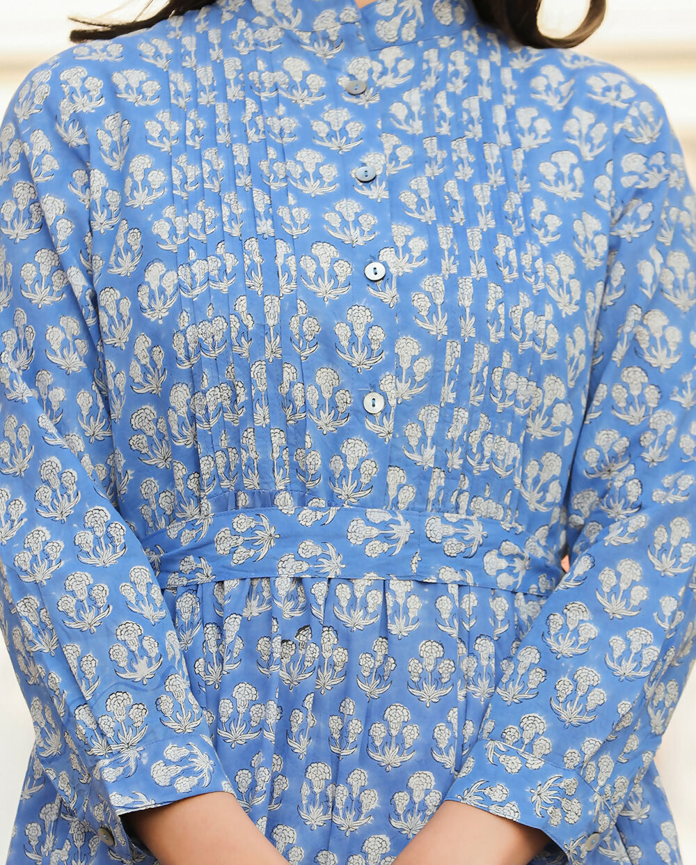 Kaajh Women's Blue Floral Handblock Print Cotton Dress