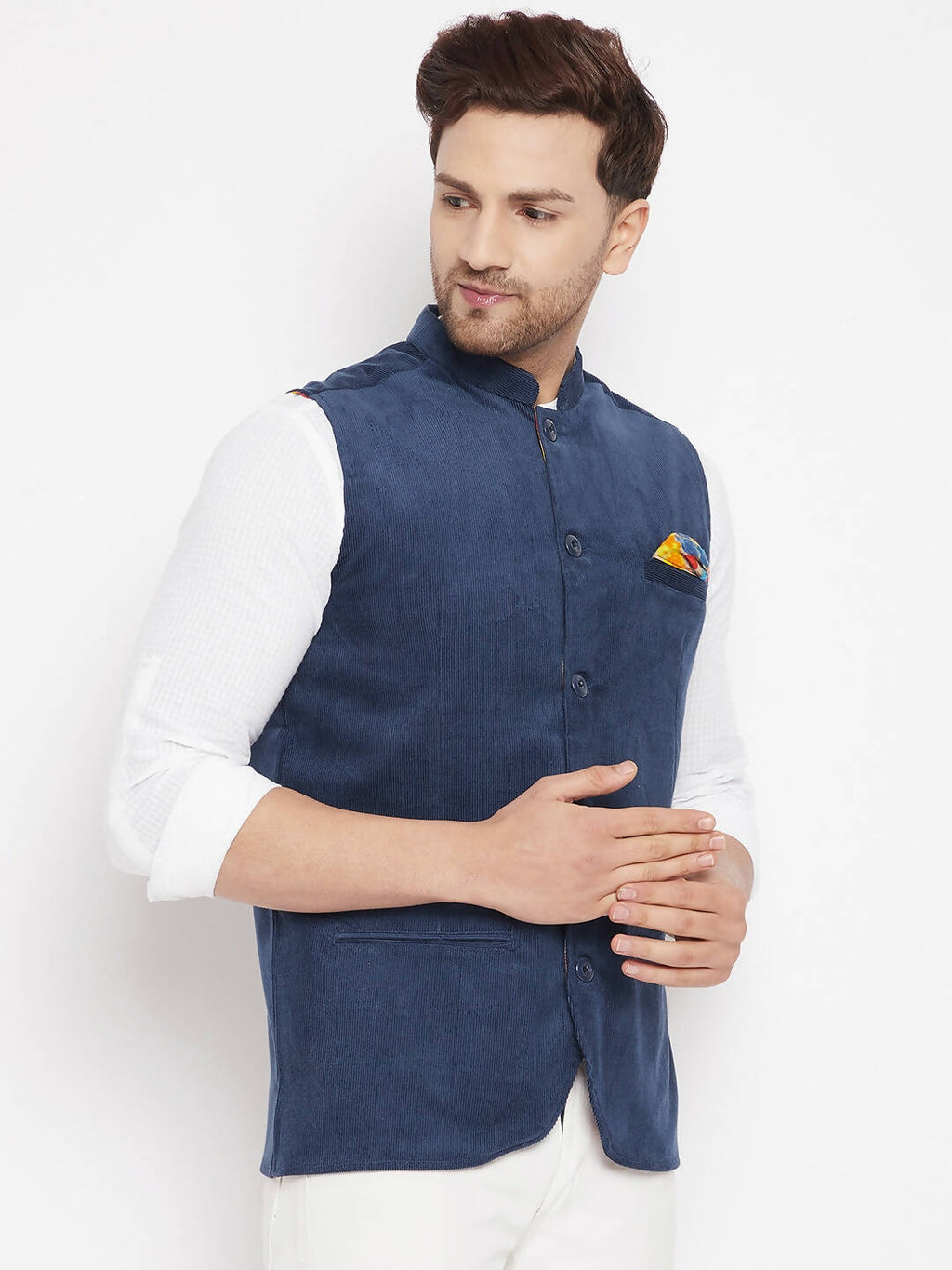 Even Apparels Blue Polyester Men's Nehru Jacket-Contrast Lining-Inbuilt Pocket Square