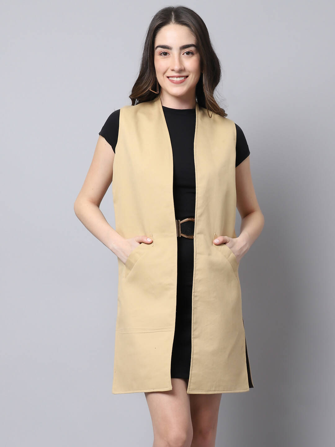 Even Apparels Brown Polywool Open Front Women's Long Coat PW724