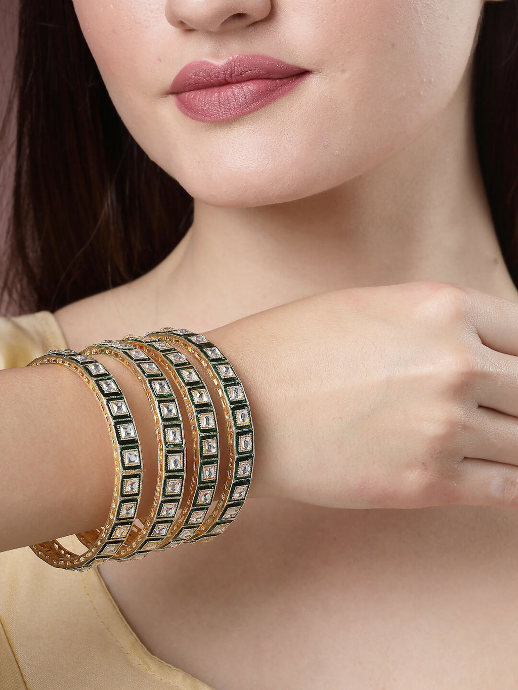 NVR Women's Set Of 4 Gold-Polished Green Kundan-Studded Traditional Bangles