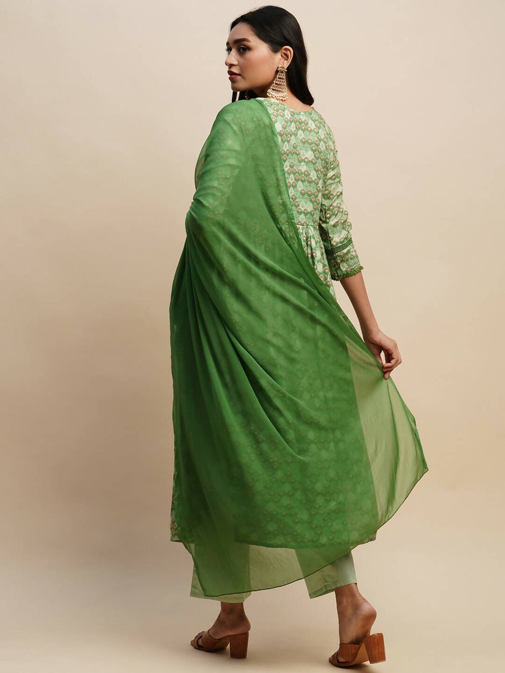 Green Pure Cotton Floral Printed Naira Cut Kurta And Bottom With Dupatta - Akashara