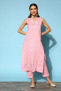 Ahalyaa Women Pink Colour Cotton Silver Foil Printed Kurta Pant Set