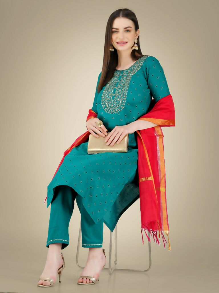 Jyoti Fashion Women's Rama Cotton Magic Slub Embroidery & Sequence work Kurta with Trouser & Dupatta