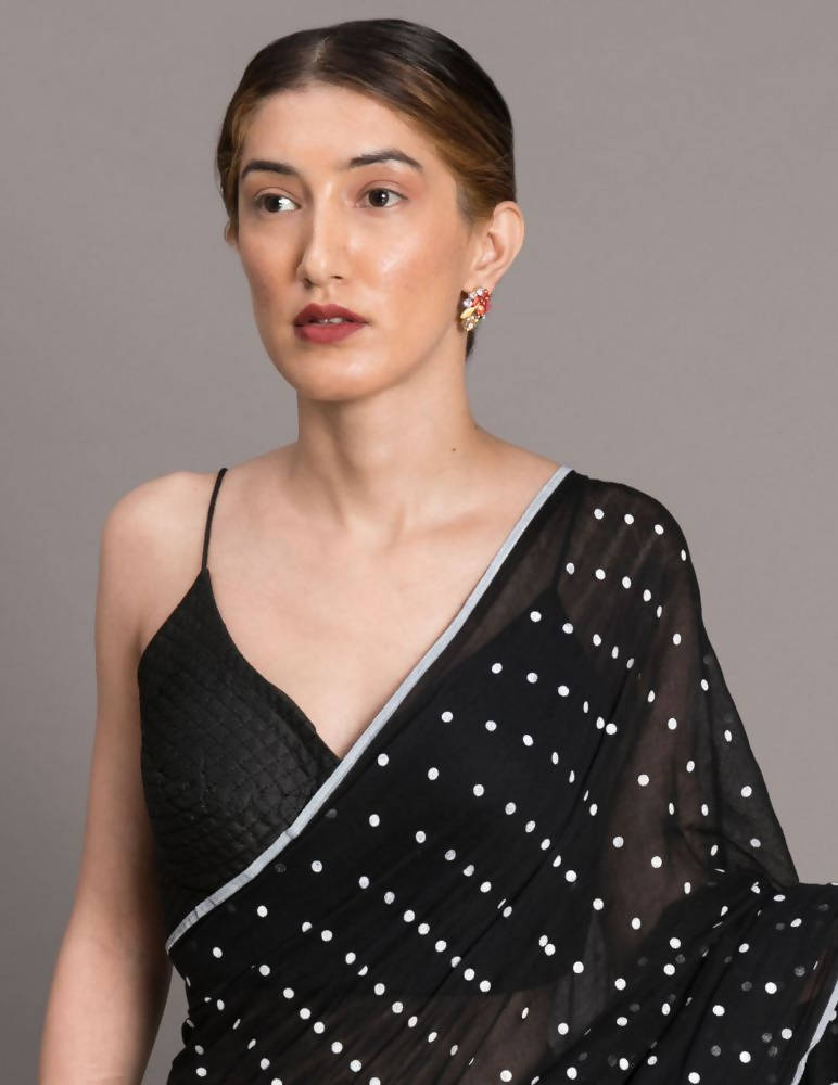 Suta Black White Polka Dots Printed Pure Cotton Saree