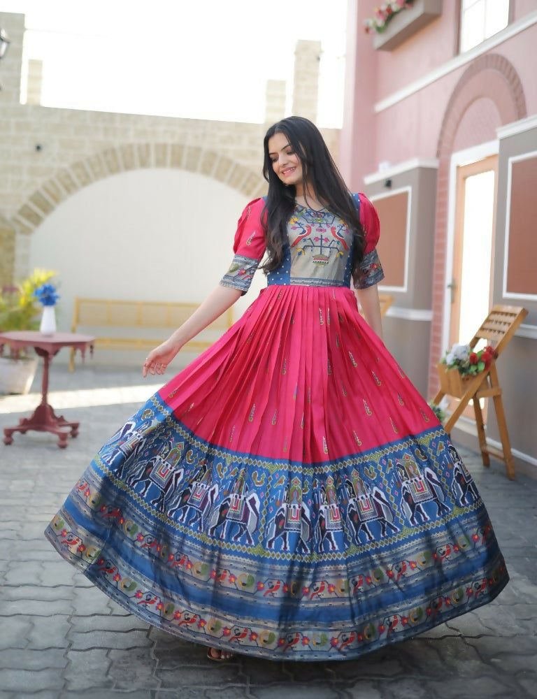 Jyoti Fashion Women's Rani Pink Patola with Foil Print Dola Silk Anarkali Dress