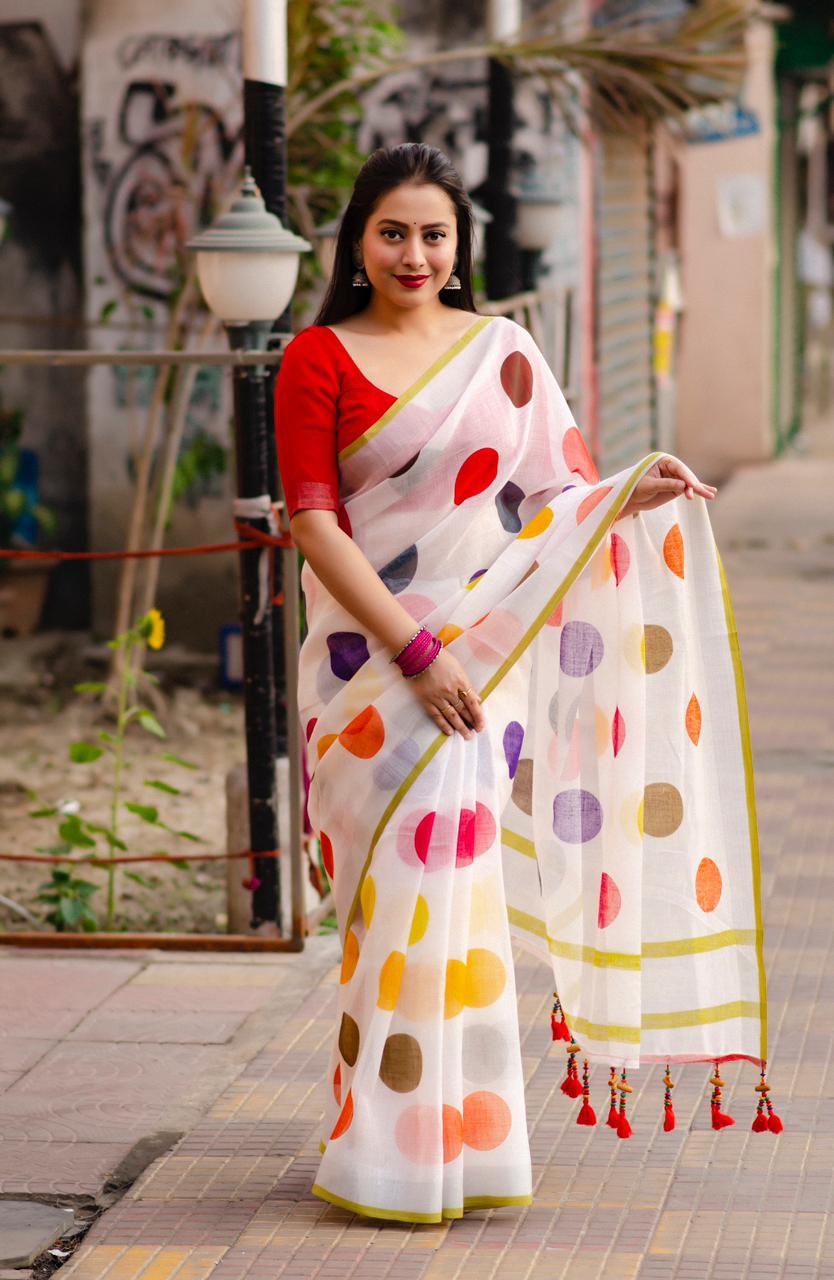 White Pure Linen Ethnic Motifs Saree with Unstitched Blouse - Hiral Fashion