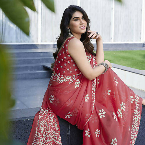 Women's Partywear Designer Peach Chinon Shiffon Fancy Saree - Dyuti