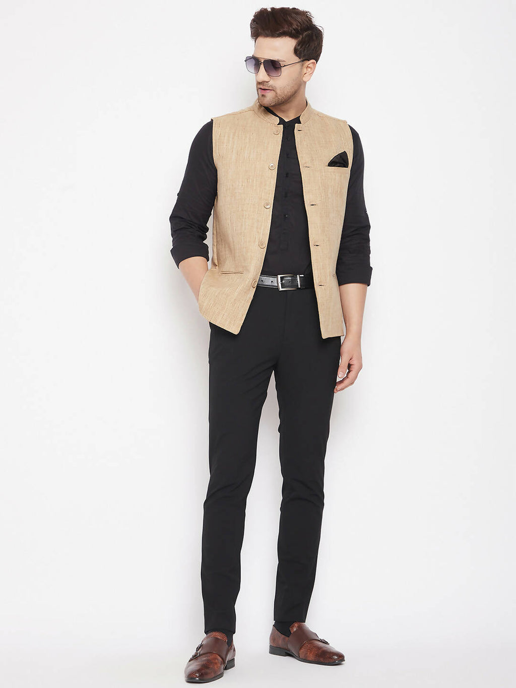 Even Apparels Beige Linen Men Woven Nehru Jacket LN719