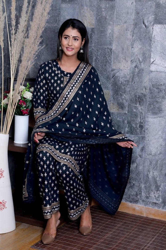 Vamika Navy Blue Gota Patti Work Rayon Party And Casual Wear Kurta Set