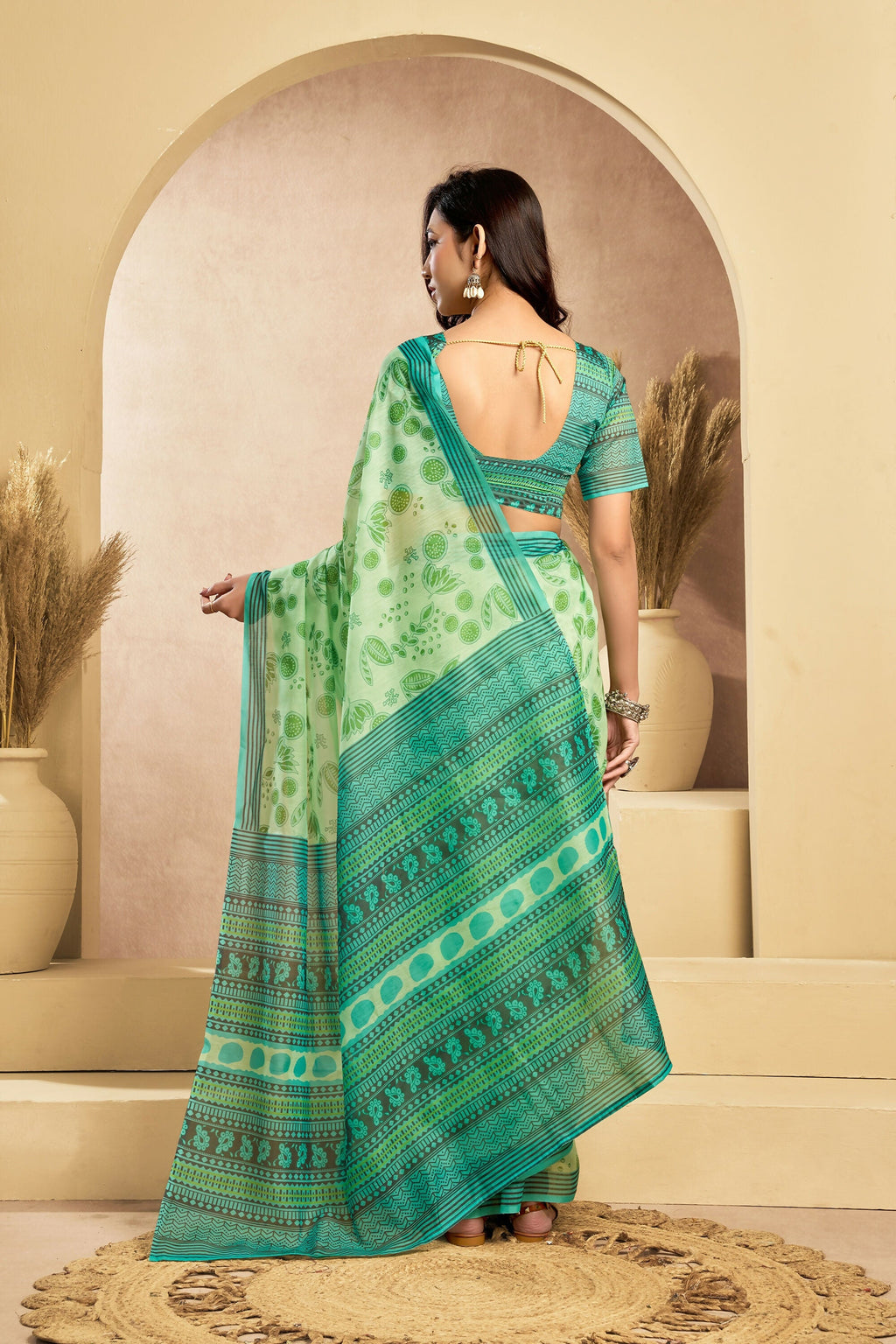 Vastranavya Mint Green Digital Printed Linen Ready To Wear Designer Saree with Unstitched Blouse