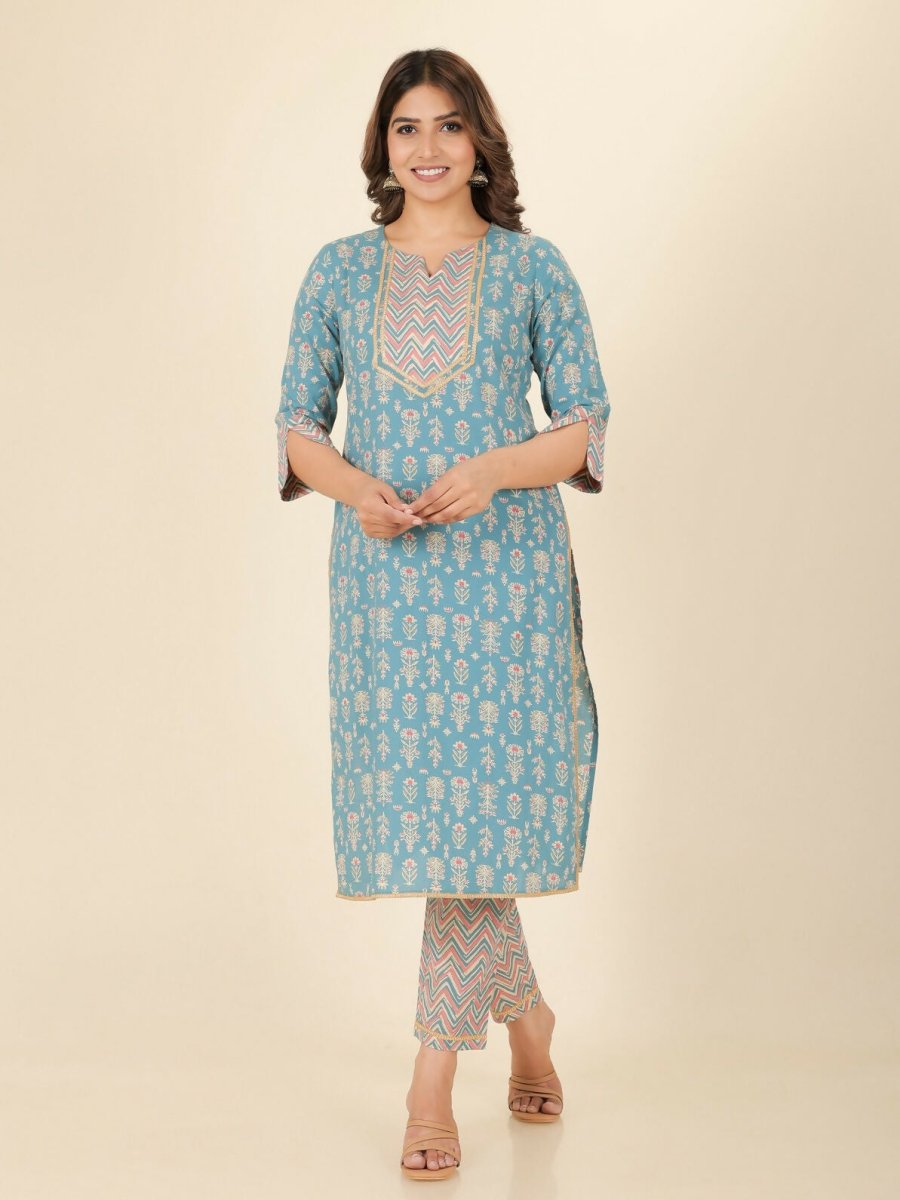 Aramya Straight Soft Cotton Floral Print Women's Kurta Set - Green
