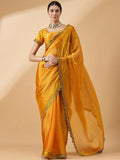 Mustard Organza Swaroski Diamond Work Saree with Unstitched Blouse - Radha