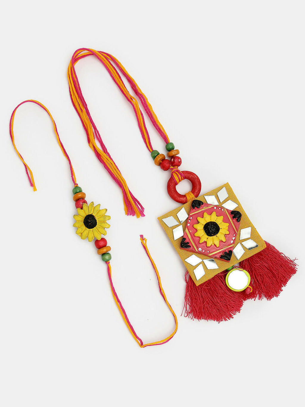 NVR Women & Men Set of 2 Red & Yellow Mirror Work Handcrafted Bhaiya Bhabi Rakhi With Roli Chawal & Chocolate