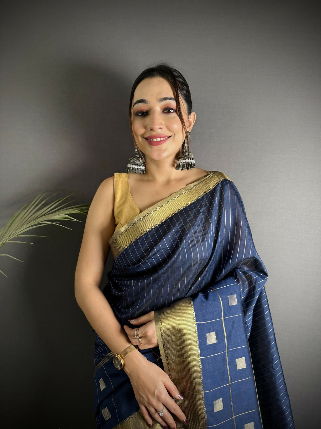 Joban Fashion Navy Blue Bhagalpuri Cotton Silk Stripes/Box Saree
