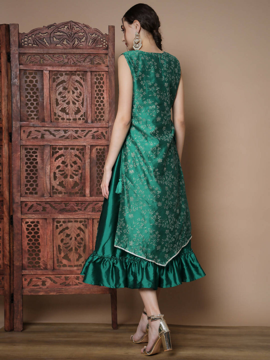 Myshka Women's Teal Floral Printed Gown Dress