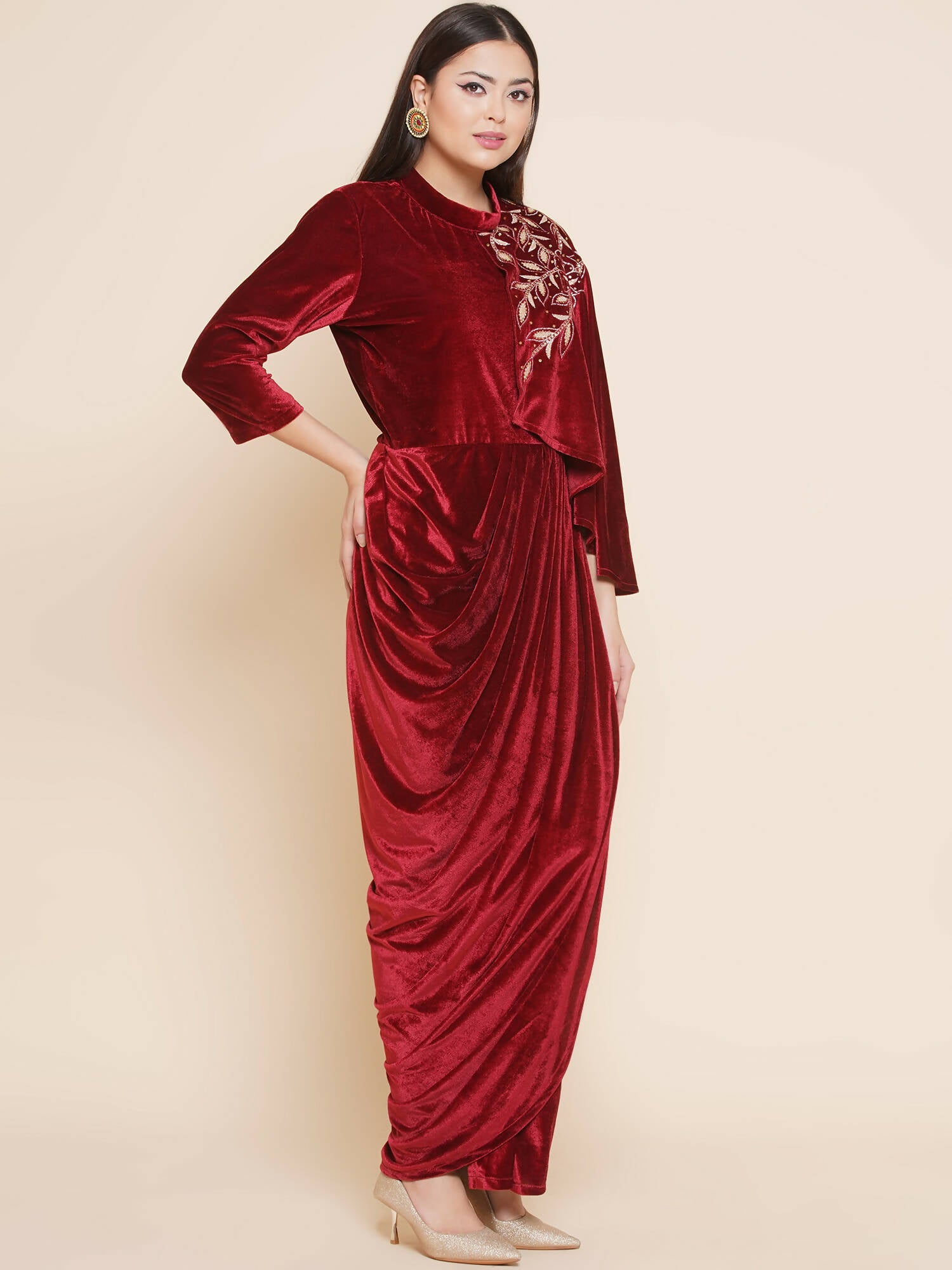 Women Republic Maroon Velvet Drape Styel Gown