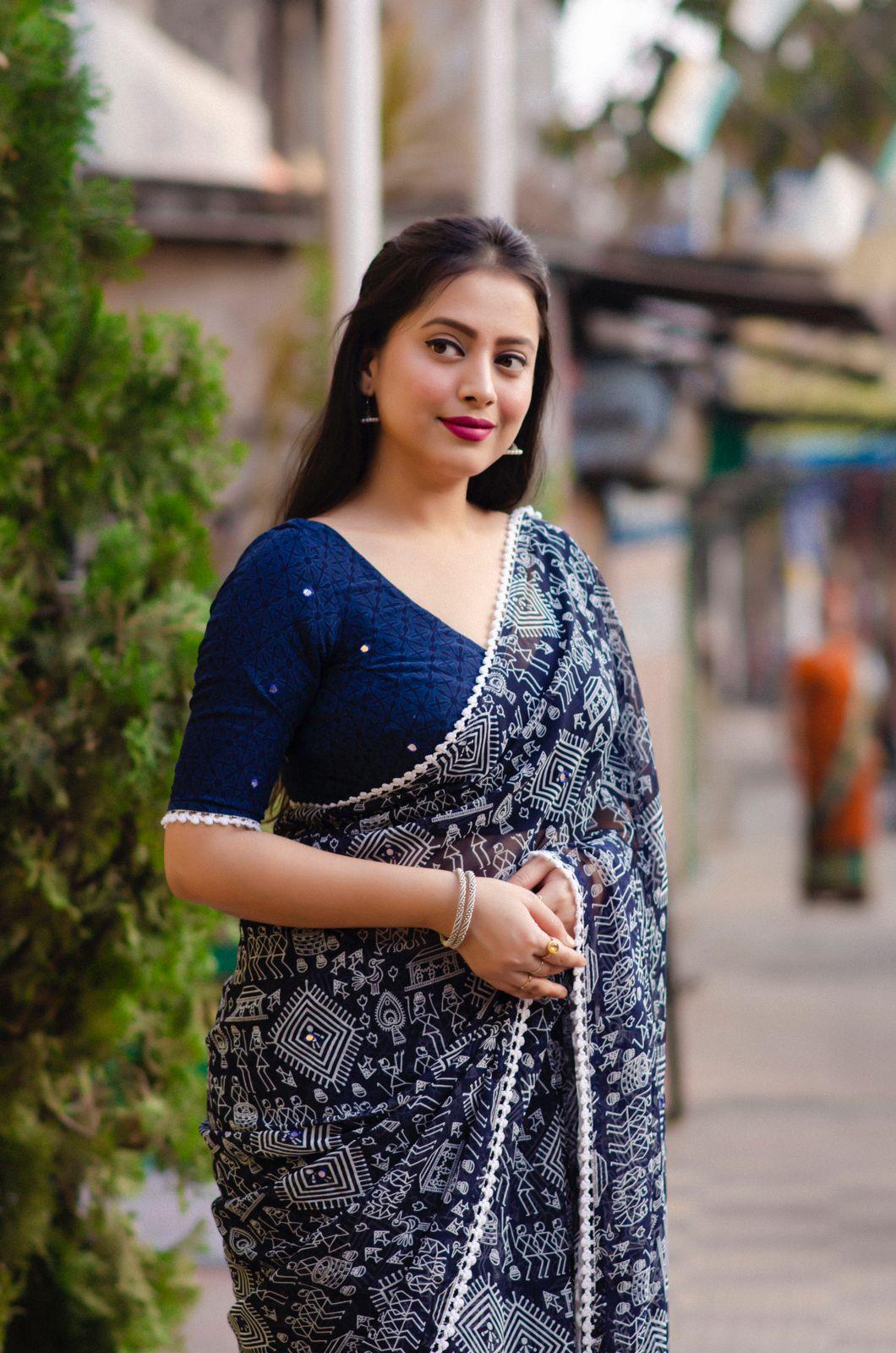 Blue Poly Georgette Ethnic Motifs Saree with Unstitched Blouse - Hiral Fashion