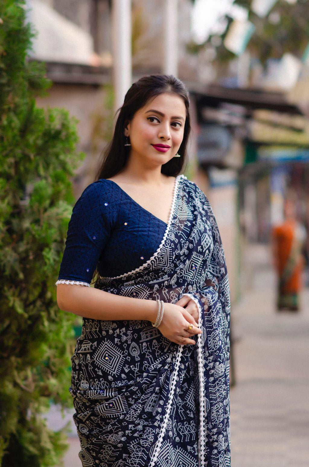 Blue Poly Georgette Ethnic Motifs Saree with Unstitched Blouse - A2M
