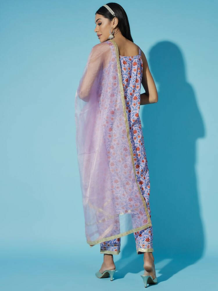 Myshka Women Printed Lavender Kurta & Trousers With Dupatta